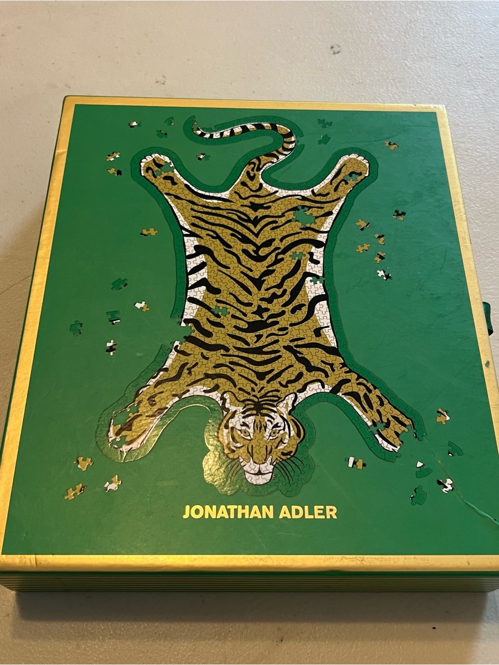 Jonathan Adler Green Tiger Puzzle Box with Gold Accents